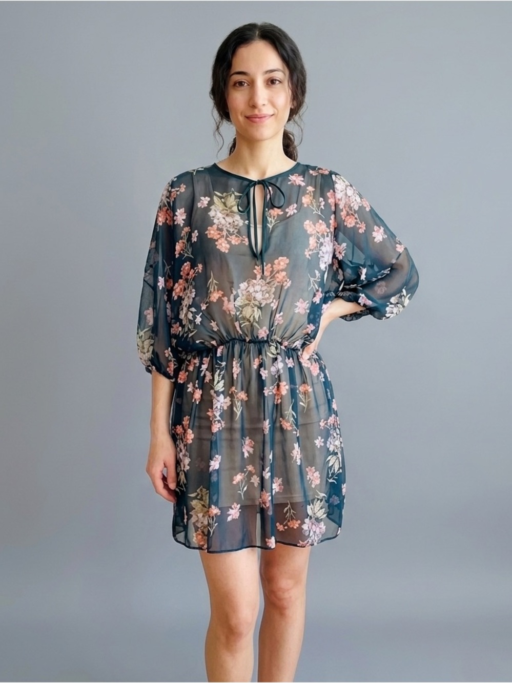 Johnny Was 4 Love and Liberty Silk Floral Sheer Tunic Dress S